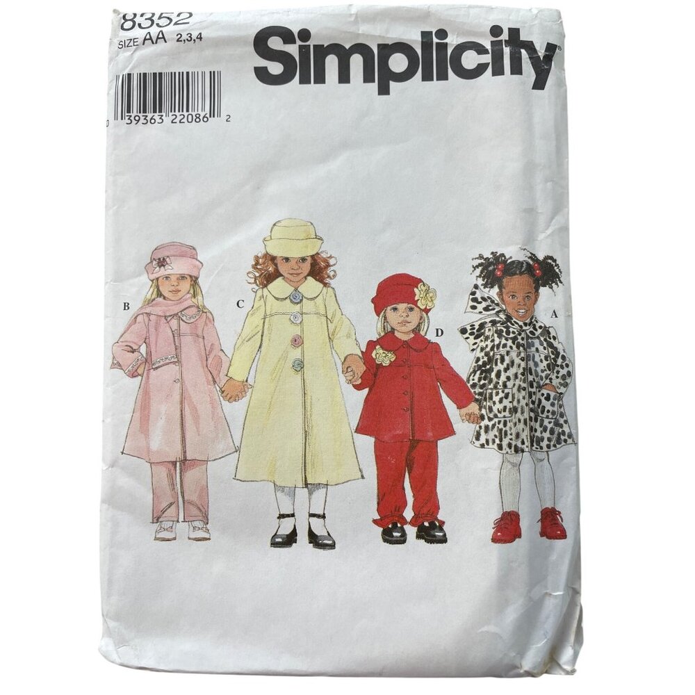 90s Simplicity 8352 Sewing Pattern Sizes 2-4 Girls Coat Pants Hat and Scarf CUT